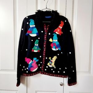Snowman Snowball‎ Fight Christmas Cardigan size Medium Karen Scott